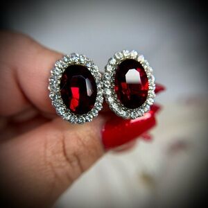 Vintage Red Rhinestone Halo Clip On Earrings Silver Tone Oval Statement